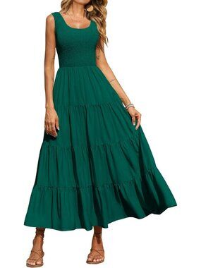 Women's Dress Maxi Dark Green Polyester Scoop Neck Short Vacation Casual Summer